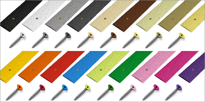 Anti-slip decking strips expanded range of colours, with matching screws for installation. Anti slip decking strips range of colours with matching screws.