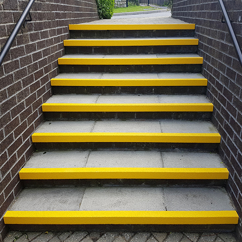 With contrasting colours Stair Nosing highlights the front of school steps. With contrasting colours Stair Nosing highlights the front of school steps.