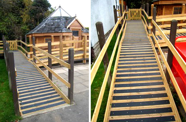 Anti-slip decking strips for ramps, public footpaths and wheelchair access platforms.