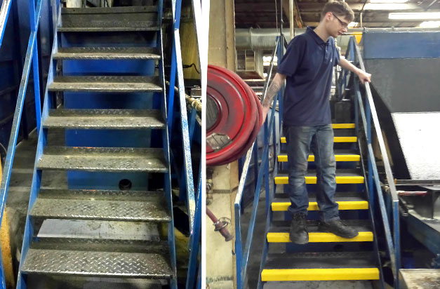 Factory steel staircase with high visibility Stair Treads, improving workplace safety. Factory steel staircase with high visibility Stair Treads, improving workplace safety.